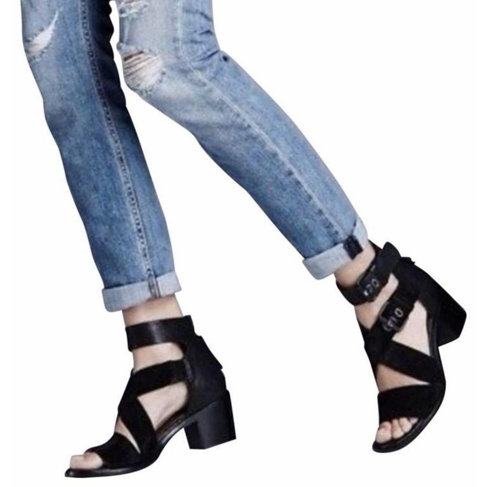 Rag & Bone Women 37.5 Madrid Sandal Black Leather Suede Buckle Block Heel Edgy